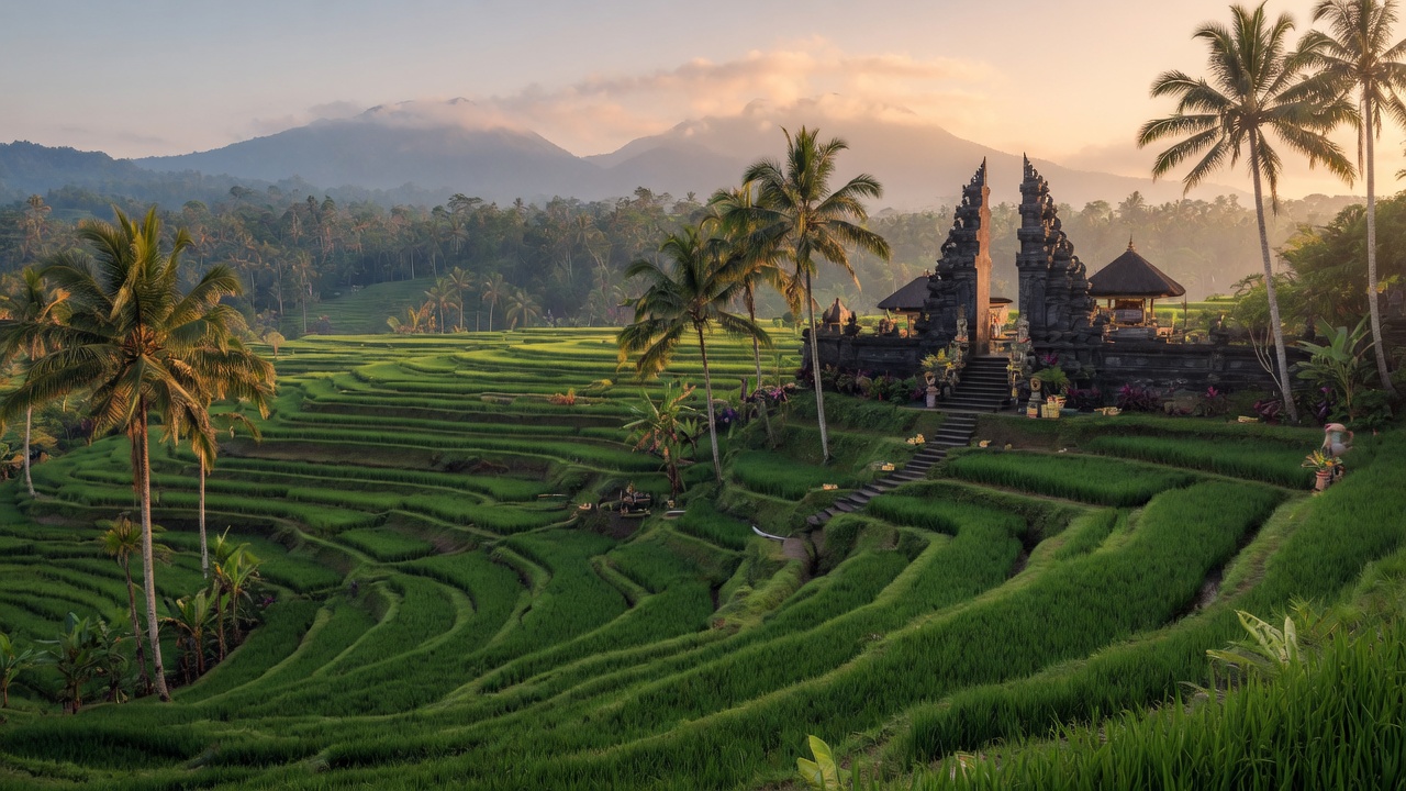 Bali Indonesia rice terraces and temple